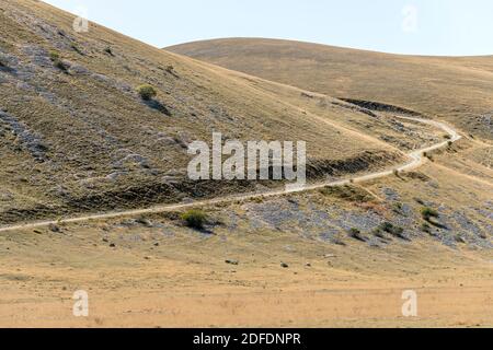 Landschaft mit Schafspfad auf mildem grünen Hang, in hellem Licht am Campo Imperatore, L'Aquila, Abruzzen, Italien erschossen Stockfoto