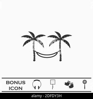 Entspannende Hängematte zwischen zwei Palmen Ikone flach. Schwarzes Piktogramm auf weißem Hintergrund. Vektorgrafik Symbol und Bonus-Taste Stock Vektor