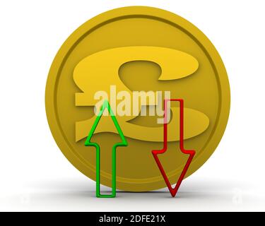 Wechsel des britischen Pfund-Wechselkurses. Goldmünze mit dem Symbol des Britischen Pfunds und Pfeilen (grün und rot) auf weißer Fläche. 3D-Illustration Stockfoto