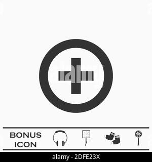 Medizinisches Kreuzsymbol flach. Schwarzes Piktogramm auf weißem Hintergrund. Vektorgrafik Symbol und Bonus-Taste Stock Vektor