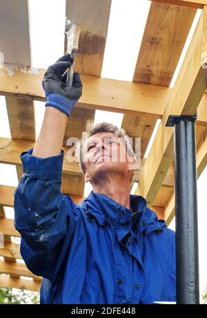 Ein Arbeiter malt das Holzdach seines Hauses, das Haus ist im Bau. Renovierung, Erweiterung, Restaurierung und Rekonstruktion Stockfoto