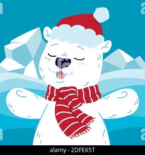 Niedlicher Eisbär im Norden mit weihnachtsmannhut und Schal. Frohes neues Jahr und fröhliche weihnachtsgruß Postkarte. Vektorgrafik isoliert hintergr Stock Vektor
