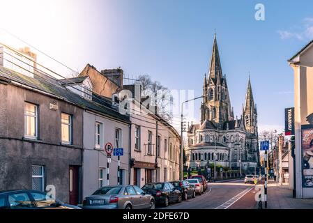 Cork, Irland - 12. November 2017: Stadtbild von Cork mit der Kathedrale von Saint Fin Barre ein blauer Himmel mit Sonnenstrahlen Stockfoto