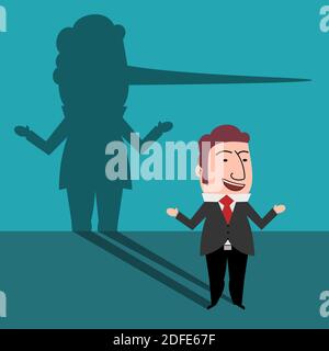 Geschäftsmann Charakter vor der Wand plaudern mit Schatten seiner langen Nase. Lügner lügenden Menschen in Business-Konzept Vektor Stock Vektor