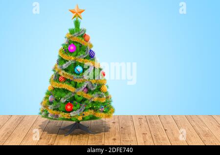 Weihnachtsbaum geschmückt mit Weihnachtskugeln auf den Holzbohlen. 3D-Rendering Stockfoto
