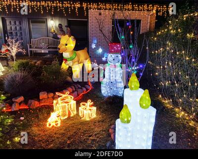 Bunte Weihnachtsdekorationen in einem Vorgarten in der Nacht mit verschiedenen beleuchteten Objekten. Stockfoto