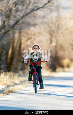 Glücklicher kleiner Junge, der sein Fahrrad auf einem gepflasterten Weg fährt; Salida; Colorado; USA Stockfoto