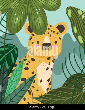 Niedlichen Leoparden sitzen im Grünen Tier Safari Cartoon Vektor Illustration Stock Vektor