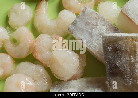 Blick von oben auf gefrorene Kabeljau Lenden und Garnelen mit Eis auf einer grünen Platte. Tiefkühlkost, Fisch und Meeresfrüchte. Stockfoto