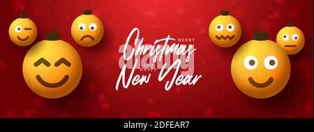 Frohe weihnachten gelbe Bälle mit niedlichen Gesicht Grußkarte. Emoticons auf Blase Spielzeug. Vektor für Dekoration Urlaub Weihnachtsbaum. Element des Designs glücklich Stock Vektor