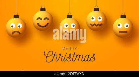 Frohe weihnachten gelbe Bälle mit niedlichen Gesicht Grußkarte. Emoticons auf Blase Spielzeug. Vektor für Dekoration Urlaub Weihnachtsbaum. Element des Designs glücklich Stock Vektor