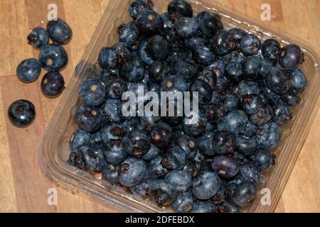 Heidelbeeren in einer Plastikverpackung auf einem Holzbrett. Stockfoto