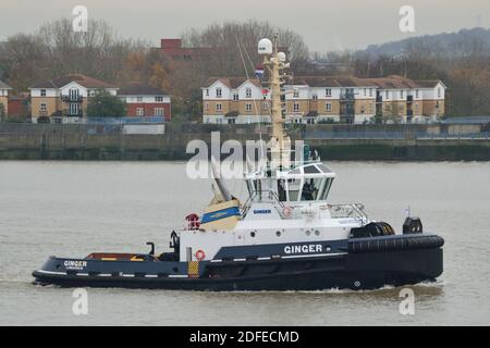 Hafenschlepper INGWER auf der Themse in London Zur Unterstützung der Frachtschiffanlegestelle am Hafen von London Stockfoto