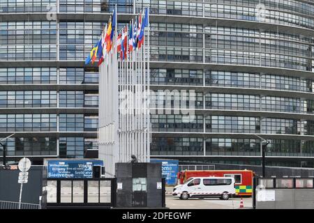 Das Coronavirus-Testzentrum - covid 19 im Europäischen Parlament wurde am 3. Juli 2020 geschlossen. Es war am 11. Mai 2020 eingerichtet worden, um ein Massenscreening durchzuführen und insgesamt 1,800 asymptomatische Menschen zu testen. Straßburg, Nordostfrankreich, am 3. Juli 2020. Foto von Nicolas Roses/ABACAPRESS.COM Stockfoto