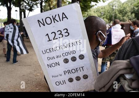 Mitarbeiter der Nokia-Gruppe demonstrieren gegen den Abbau von 1,233 Arbeitsplätzen in Frankreich. Paris, Frankreich, 8. Juli 2020. Foto von Florent Bardos/ABACAPRESS.COM Stockfoto