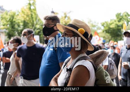 Mitarbeiter der Nokia-Gruppe demonstrieren gegen den Abbau von 1,233 Arbeitsplätzen in Frankreich. Paris, Frankreich, 8. Juli 2020. Foto von Florent Bardos/ABACAPRESS.COM Stockfoto