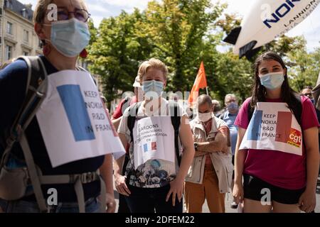 Mitarbeiter der Nokia-Gruppe demonstrieren gegen den Abbau von 1,233 Arbeitsplätzen in Frankreich. Paris, Frankreich, 8. Juli 2020. Foto von Florent Bardos/ABACAPRESS.COM Stockfoto