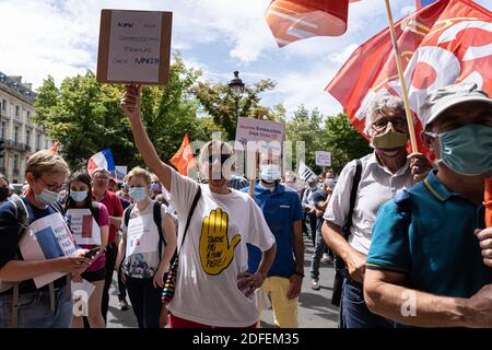 Mitarbeiter der Nokia-Gruppe demonstrieren gegen den Abbau von 1,233 Arbeitsplätzen in Frankreich. Paris, Frankreich, 8. Juli 2020. Foto von Florent Bardos/ABACAPRESS.COM Stockfoto