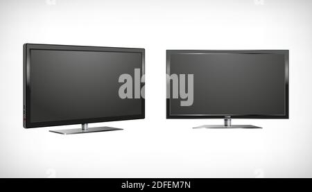 Elektrische Haushaltsgeräte Set. Realistisches LED-TV-Bild. LCD-Breitbild auf Vignettenhintergrund. Schwarzes Monitorsymbol. Vorderansicht. Winkelansicht. Elemente für Innenausstattungen. Vektorgrafik. Stock Vektor
