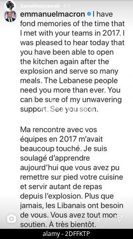 E-Mail des französischen Präsidenten Emmanuel Macron an den Anwalt der libanesischen Küche Kamal Mouzawak, im Tawlet (oder Tawlei) Restaurant, das täglich rund 1200 frische Mahlzeiten für Menschen in lokalen Krankenhäusern, Senioren zu Hause isoliert, Und Ersthelfer, die am 12. August 2020 in Beirut, Libanon, vor Ort in der Nähe des großen unbekannten Sprenggebietes in der Nähe von Mar Mikhail arbeiten. Foto von Ammar Abd Rabbo/ABACAPRESS.COM Stockfoto