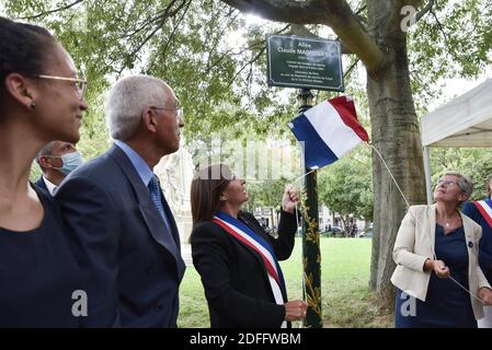 Der Armeestaatsseetar, Genevieve Darieussecq und die Bürgermeisterin von Paris Anne Hidalgo bei der Einweihung einer Hommage Gasse an den ehemaligen Zweiten Weltkrieg Soldat Claude Mademba Sy im 14. Arrondissement von Paris, Frankreich am 25. August 2020. Foto von Patrice Pierrot/Avenir Pictures/ABACAPRESS.COM Stockfoto