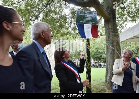 Der Armeestaatsseetar, Genevieve Darieussecq und die Bürgermeisterin von Paris Anne Hidalgo bei der Einweihung einer Hommage Gasse an den ehemaligen Zweiten Weltkrieg Soldat Claude Mademba Sy im 14. Arrondissement von Paris, Frankreich am 25. August 2020. Foto von Patrice Pierrot/Avenir Pictures/ABACAPRESS.COM Stockfoto