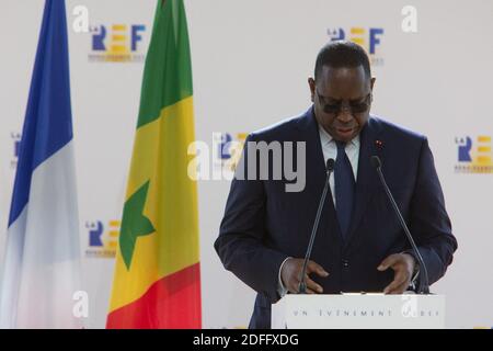 Senegals Präsident Macky Sall hält am 27. August 2020 eine Rede beim Arbeitgeberverband MEDEF-Sommertreffen im Longchamp-Pferderennsportkomplex in Paris. Foto von Raphael Lafargue/ABACAPRESS.COM Stockfoto