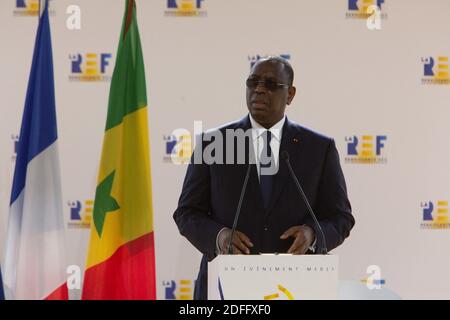 Senegals Präsident Macky Sall hält am 27. August 2020 eine Rede beim Arbeitgeberverband MEDEF-Sommertreffen im Longchamp-Pferderennsportkomplex in Paris. Foto von Raphael Lafargue/ABACAPRESS.COM Stockfoto