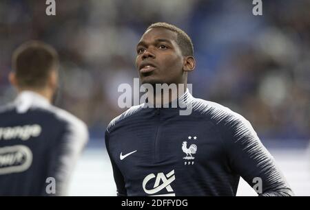 File Photo vom 25. März 2019 von Paul Pogba während des Qualifying European Championship Matches zwischen Frankreich und Island im Stade de France ON in Saint-Denis, Frankreich. Manchester United Mittelfeldspieler Paul Pogba wurde aus dem französischen Kader gelassen, nachdem er Coronavirus-positiv getestet hatte, bestätigte Didier Deschamps auf einer Pressekonferenz am Donnerstag. Foto von Loic Baratoux/ABACAPRESS.COM Stockfoto