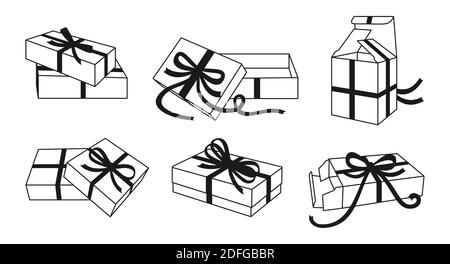 Geschenkbox mit Schleife schwarz Linie Set. Verschiedene Umrissfelder Vorlagensammlung. Behälter mit Klebeband. Blanker Konturkarton für Design Geburtstagsfeier, Weihnachtsfeier. Vektorgrafik Stock Vektor