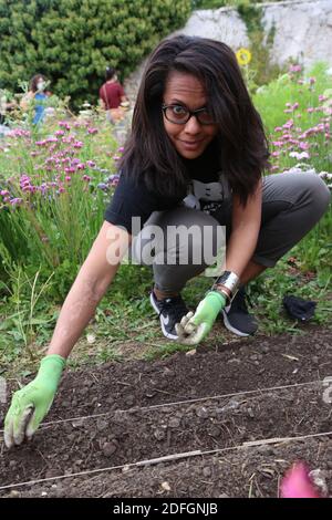 Audrey Pulvar, adjointe a la Maire de Paris, en Charge de l'agriculture lors de l'inauguration des Murs à Fleurs : Production de fleurs locales a Montreuil, France, le 19 Septembre 2020. Foto von Jerome Domine/ABACAPRESS.COM Stockfoto