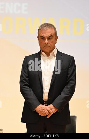 Der ehemalige Nissan-Renault-Chef Carlos Ghosn hält am 29. September 2020 eine gemeinsame Pressekonferenz an der Holy Spirit University of Kaslik, Jounieh, nördlich von Beirut, Libanon. Neun Monate nach seiner dramatischen Flucht aus Tokio nach Beirut hat die libanesisch-französische Exekutive einen Plan zur Aufrüttelung der Business School enthüllt. Foto von Ammar Abd Rabbo/ABACAPRESS.COM Stockfoto