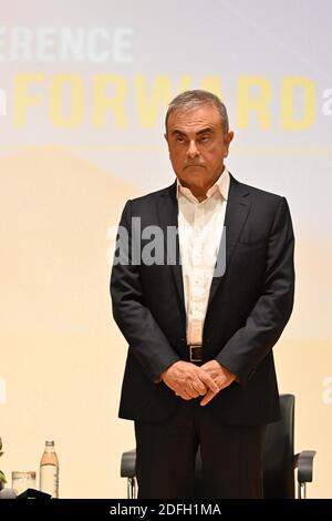 Der ehemalige Nissan-Renault-Chef Carlos Ghosn hält am 29. September 2020 eine gemeinsame Pressekonferenz an der Holy Spirit University of Kaslik, Jounieh, nördlich von Beirut, Libanon. Neun Monate nach seiner dramatischen Flucht aus Tokio nach Beirut hat die libanesisch-französische Exekutive einen Plan zur Aufrüttelung der Business School enthüllt. Foto von Ammar Abd Rabbo/ABACAPRESS.COM Stockfoto