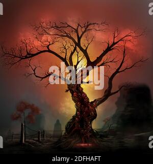 Grusel Horror Baum mit Zombie und Monster Dämon Gesichter. Stockfoto