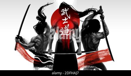 Illustration von schwarz-weißen muskulösen Samurai-Figuren posiert mit Schwertern und rot gestreiften Grunge Linien, Bushido Wort - ein japanischer Begriff beschreibt ein Stockfoto