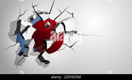 Rote Cricket-Ball durch die Wand gestanzt und bricht in Scherben, Risse an der Wand. Fügt schweren Schaden zu. Vektor Stock Vektor