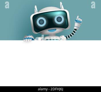 Roboter Charakter Vektor Hintergrund Design. Roboter-3d-Zeichen mit leerem Whiteboard mit Platz für Text und Nachrichten für Präsentationsdesign. Stock Vektor