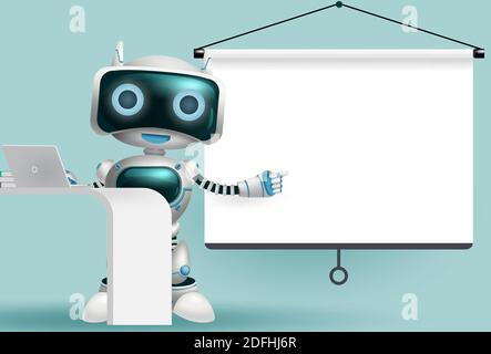 Roboter Charakter Vektor-Design. Roboter Charakter hält Whiteboard-Element mit Platz für Text und Nachrichten in der Präsentation moderne Technologie-Design. Stock Vektor