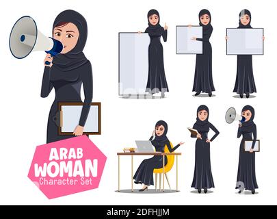 Arabische Frau Charakter Vektor-Set. Arabische weibliche Charaktere in sprechen, Ankündigung und Präsentation Pose und Geste für arabische Dame muslimische Karikatur. Stock Vektor