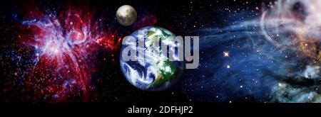 Erde und Mond aus dem Weltraum , schöne kosmische Globe Hintergrund. Erde auf Galaxie abstrakte Hintergründe Stockfoto