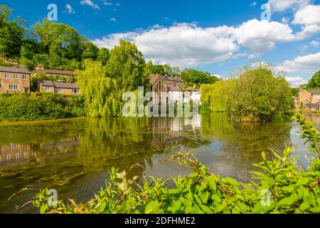 Ansicht der Reflexionen in Cromford Teich, Cromford, Derbyshire Dales, Derbyshire, England, Vereinigtes Königreich, Europa Stockfoto