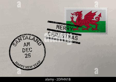 Briefmarkenumschlag mit walisischer Flagge, Weihnachts- und Neujahrsmarken, Vektor Stock Vektor