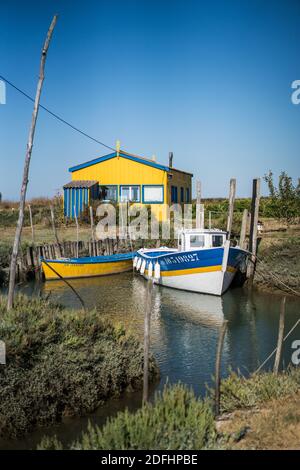 Farbenfrohe Austernhütten bei La Baudissire bei Dolus / Saint-Pierre-d'Oleron, Ile d'Oleron, Charente-Maritime, Frankreich, Europa. Stockfoto