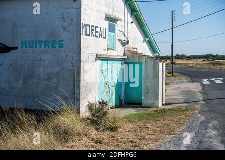 Farbenfrohe Austernhütten bei La Baudissire bei Dolus / Saint-Pierre-d'Oleron, Ile d'Oleron, Charente-Maritime, Frankreich, Europa. Stockfoto