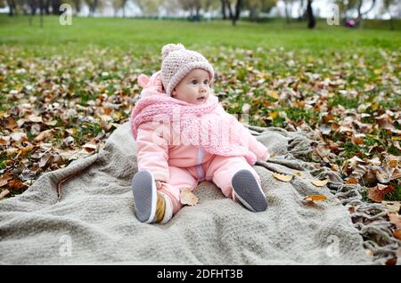 Schöne Baby Mädchen auf dem Plaid sitzen. Kinder im Freien. Liebenswert kleines Mädchen in warmen Kleidern bei Picknick im Herbst Park an sonnigen Tag. Stockfoto