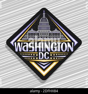 Vektor-Logo für Washington, schwarze Rautenabzeichen mit Umriss Abbildung des Capitol Building auf Dämmerung Himmel Hintergrund, Kunst Design Tourist Kühlschrank Magnet Stock Vektor