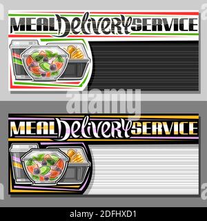Vektor-Vorlagen für Mahlzeit Delivery Service mit Kopierraum, dekorativen Coupon mit Abbildung von frischem Salat in klarer Schüssel, gekochtes Huhn und Soda Stock Vektor