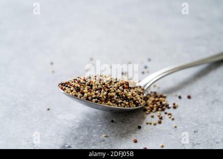 RAW Mixed Tricolor / dreifarbige Quinoa in Löffel. Gebrauchsfertig. Stockfoto