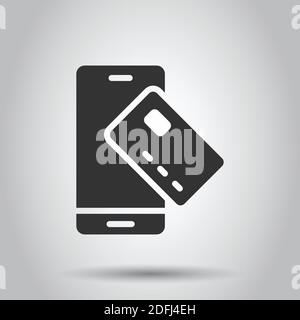 Smartphone Zahlungssymbol in flacher Form. Vektor-Darstellung der NFC-Kreditkarte auf weißem isoliertem Hintergrund. Geschäftskonzept des Bankgeschäfts. Stock Vektor