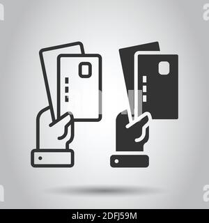 Kreditkarte mit Handsymbol in flacher Ausführung. Abbildung des Zahlungsvektors auf weißem isoliertem Hintergrund. Geschäftskonzept erwerben. Stock Vektor